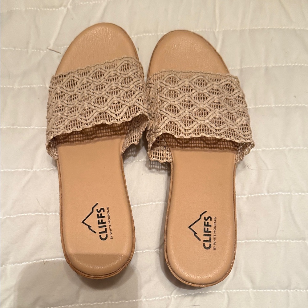 Cliffs by WHITE MOUNTAIN Beige Crochet Slide Sandals